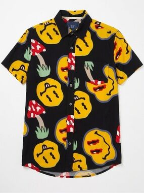 VSTR Black Short-Sleeve Button-Down Shirt with Yellow Graphic Motif